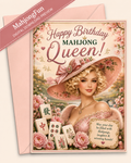 A birthday greeting card and matching envelope for Mahjong fans, featuring a vintage-style illustration of a woman in a pink hat surrounded by roses and mahjong tiles. The card reads 'Happy Birthday MAHJONG Queen!' with a pink diagonal banner in the top left that says 'MahjongFun DIGITAL DOWNLOAD PREVIEW'.