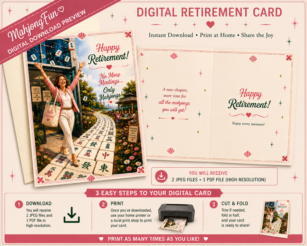 A digital retirement card template preview with printed examples, instructions, and file details on a pink background. The layout shows a folded card design, a lifestyle photo insert, and text reading 'Digital Retirement Card' and 'Happy Retirement!'.