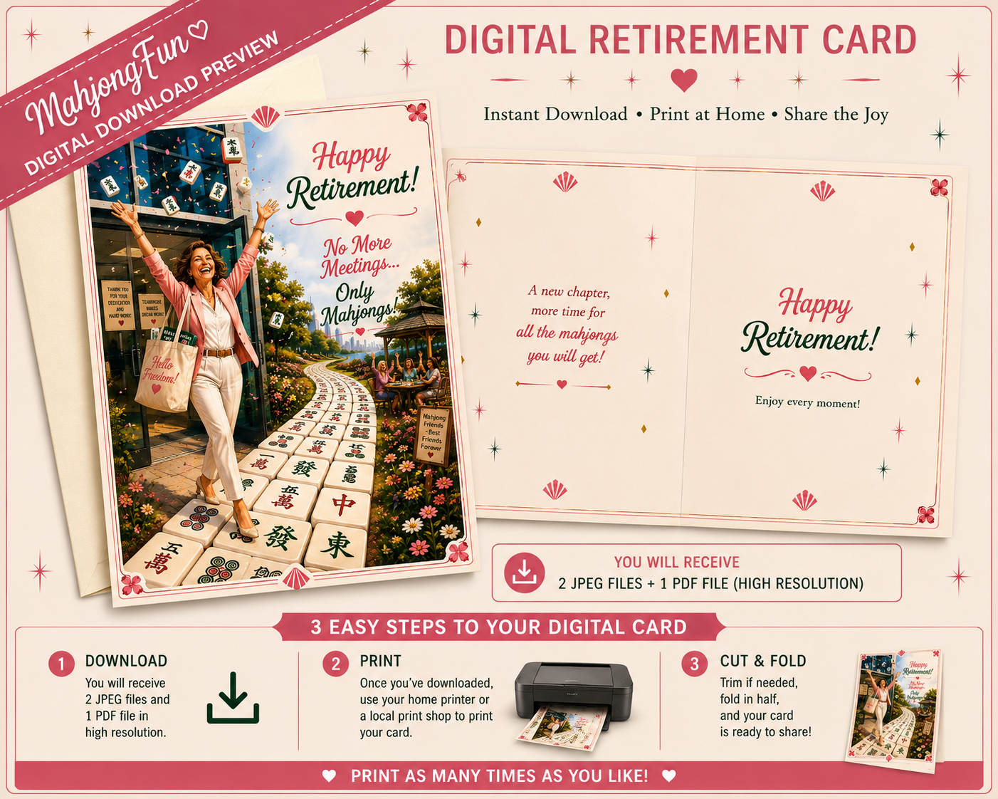 A digital retirement card template preview with printed examples, instructions, and file details on a pink background. The layout shows a folded card design, a lifestyle photo insert, and text reading 'Digital Retirement Card' and 'Happy Retirement!'.
