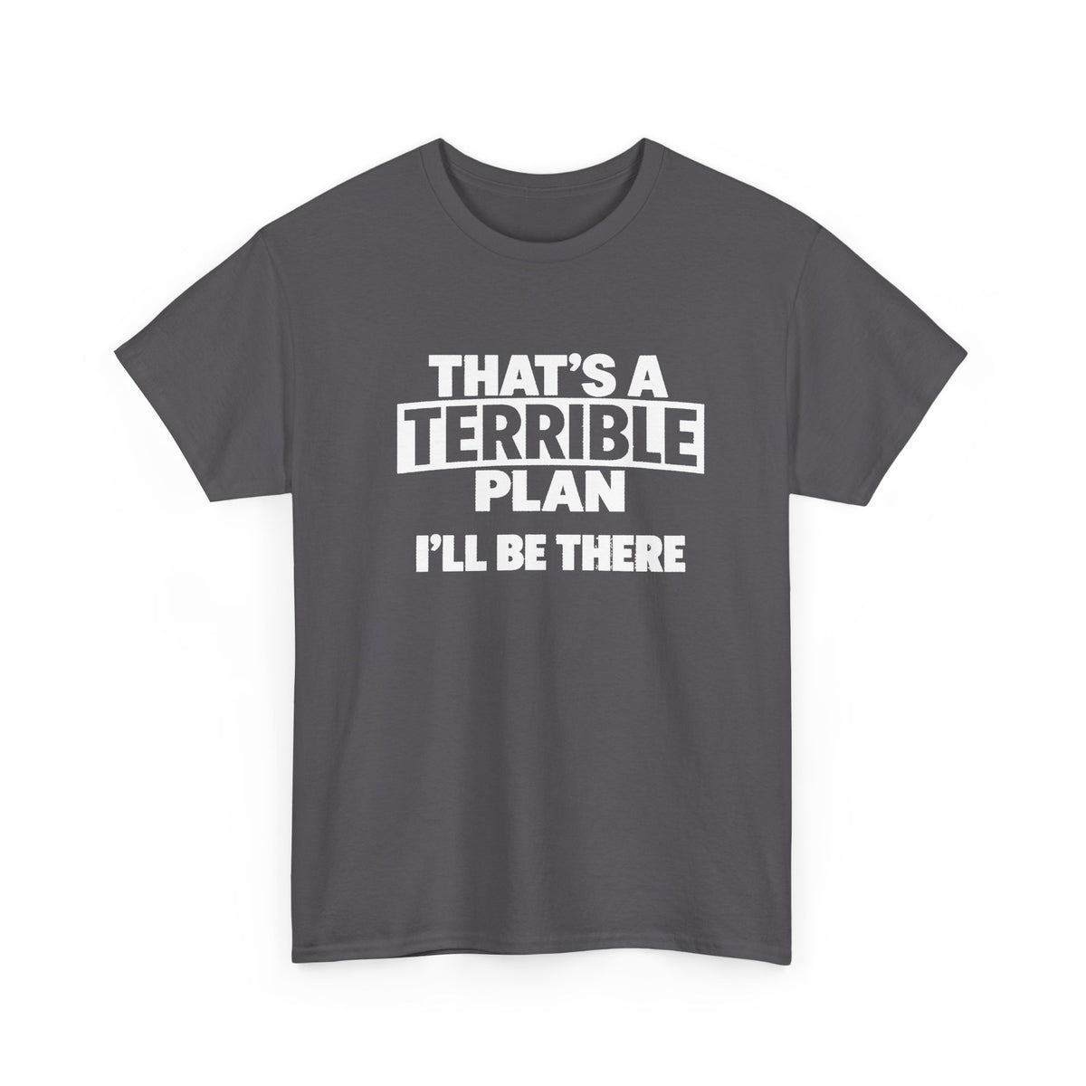 A man wearing a gray graphic t-shirt with the white printed text 'THAT'S A TERRIBLE PLAN I'LL BE THERE', standing in front of a storefront.
