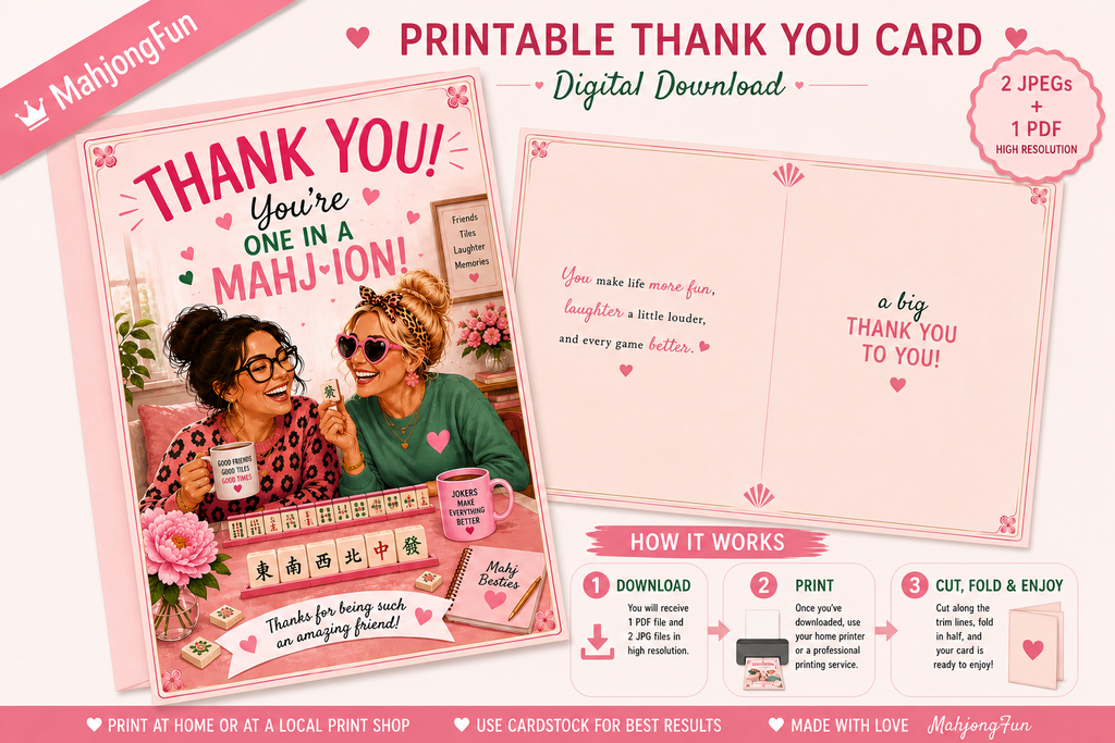 A pink printable thank you card template shown as a digital download preview, with the front and inside layout displayed side by side. The design includes hearts, floral accents, a photo of two women, and printed text such as 'Thank You! You're One in a Mah-Jon!' and 'a big THANK YOU TO YOU!'.