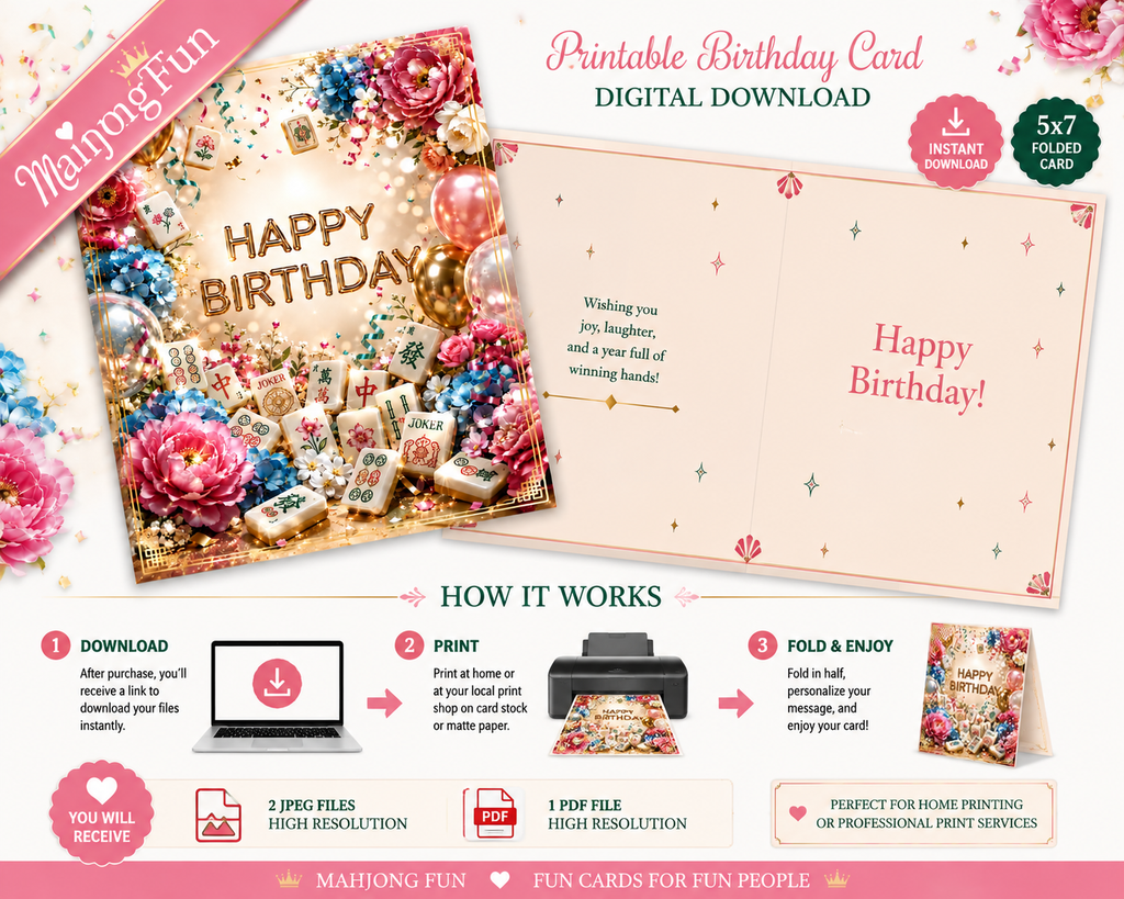 A promotional graphic for a printable birthday card digital download. It shows a decorated front cover with flowers, hearts, and the words “HAPPY BIRTHDAY,” an open folded card layout with pink “Happy Birthday!” text, and a step-by-step how-to section for downloading, printing, and folding.