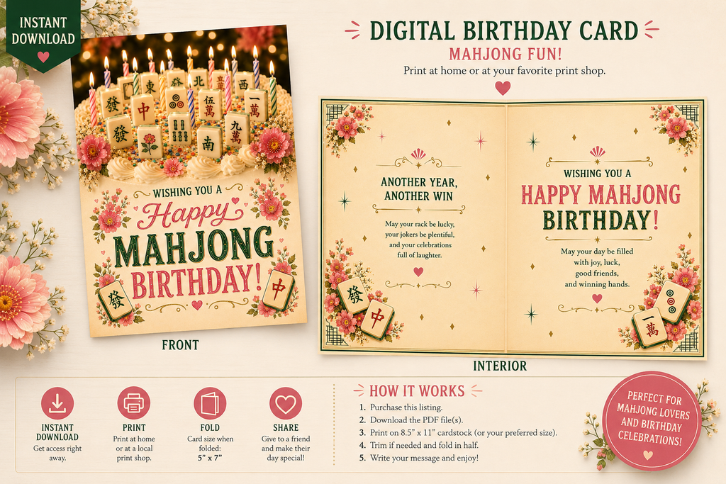 Mahjong Birthday Cake Card Digital Download | Mahjong Candles