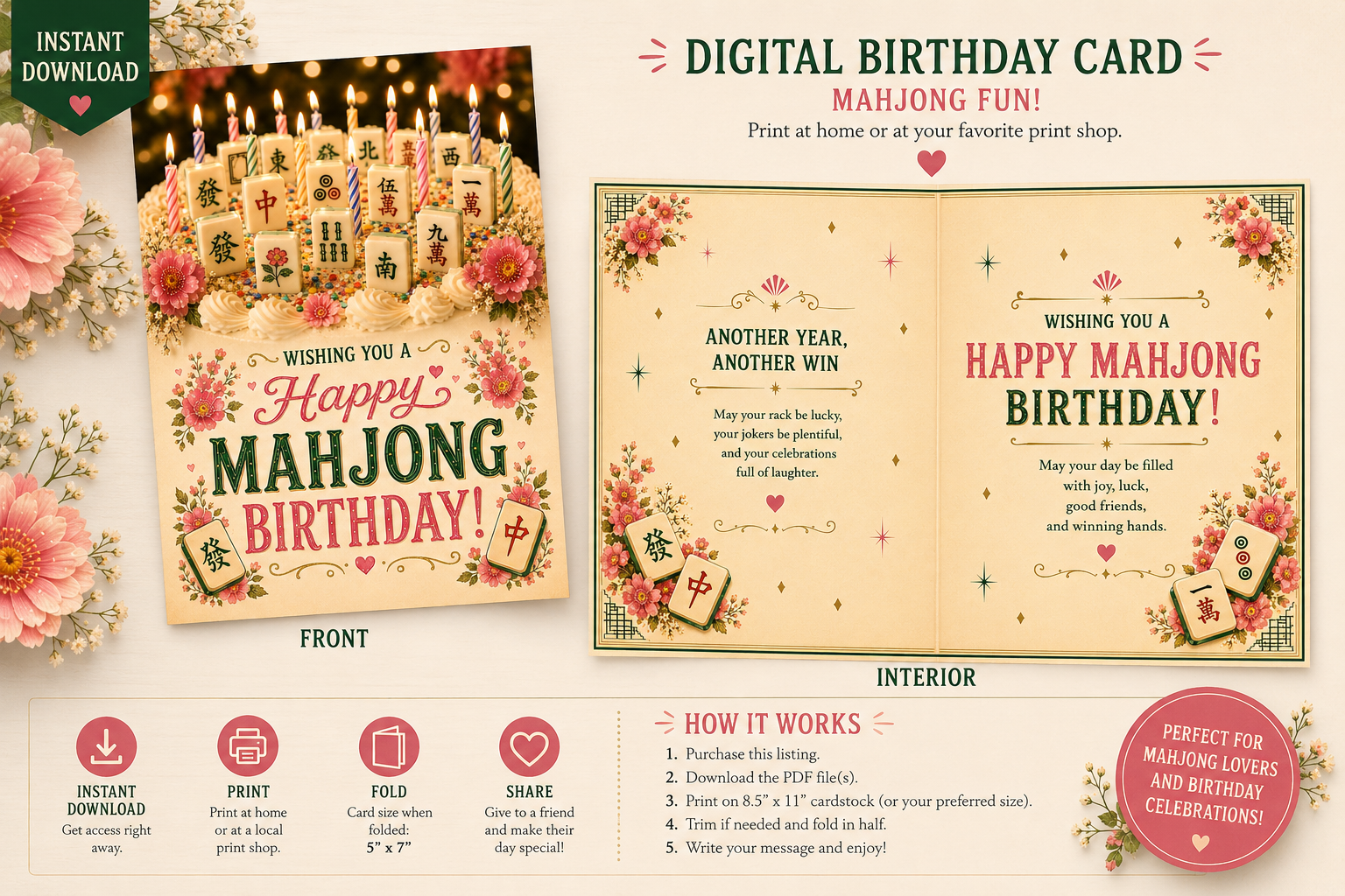 Mahjong Birthday Cake Card Digital Download | Mahjong Candles