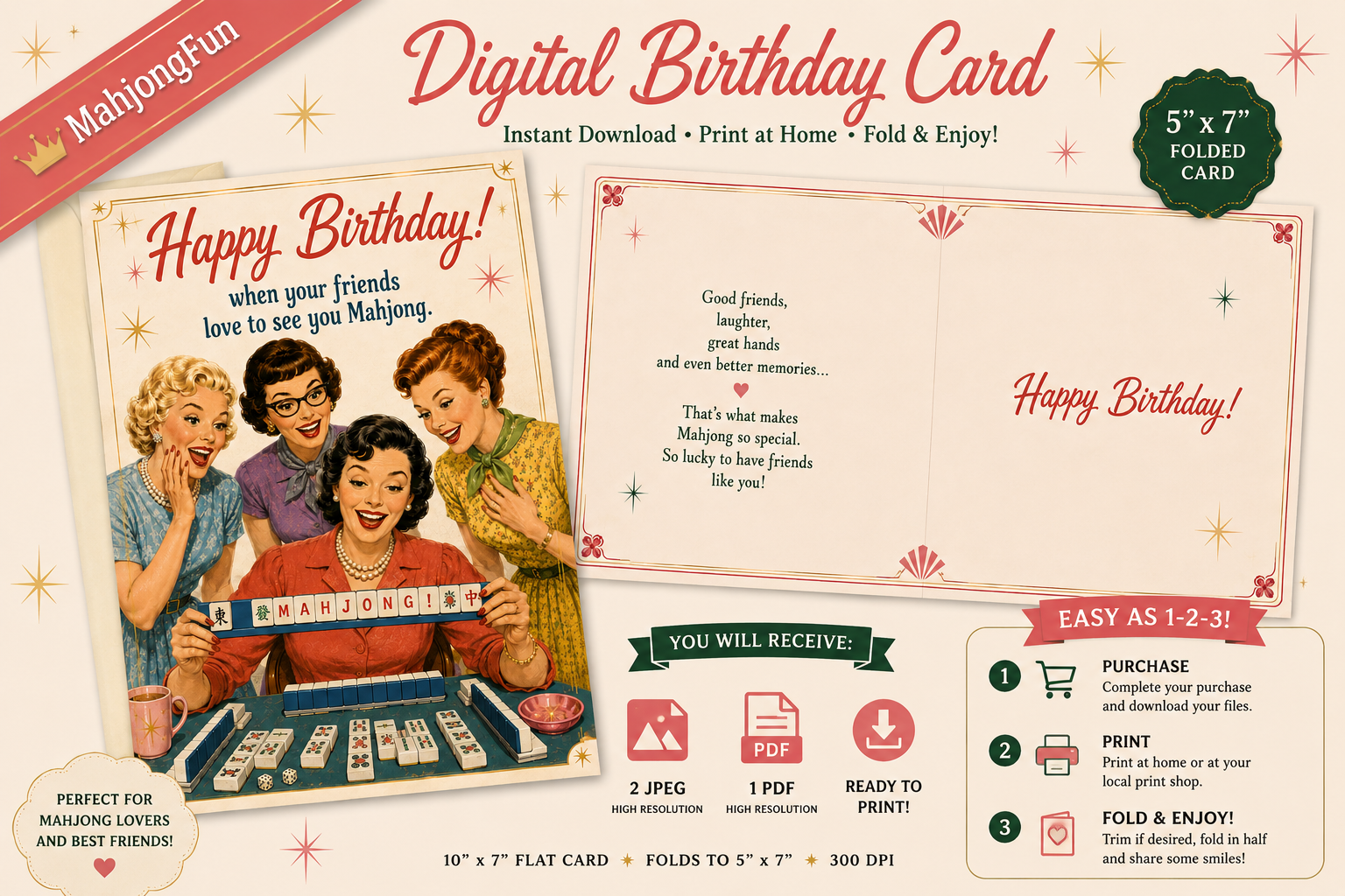 A square birthday greeting card featuring a retro 1950s illustration of four women playing mahjong, with the text 'Happy Birthday! when your friends love to see you Mahjong.' A red diagonal banner in the top left reads 'MahjongFun,' and a round 'As Seen on NBC' style badge appears at the bottom right.