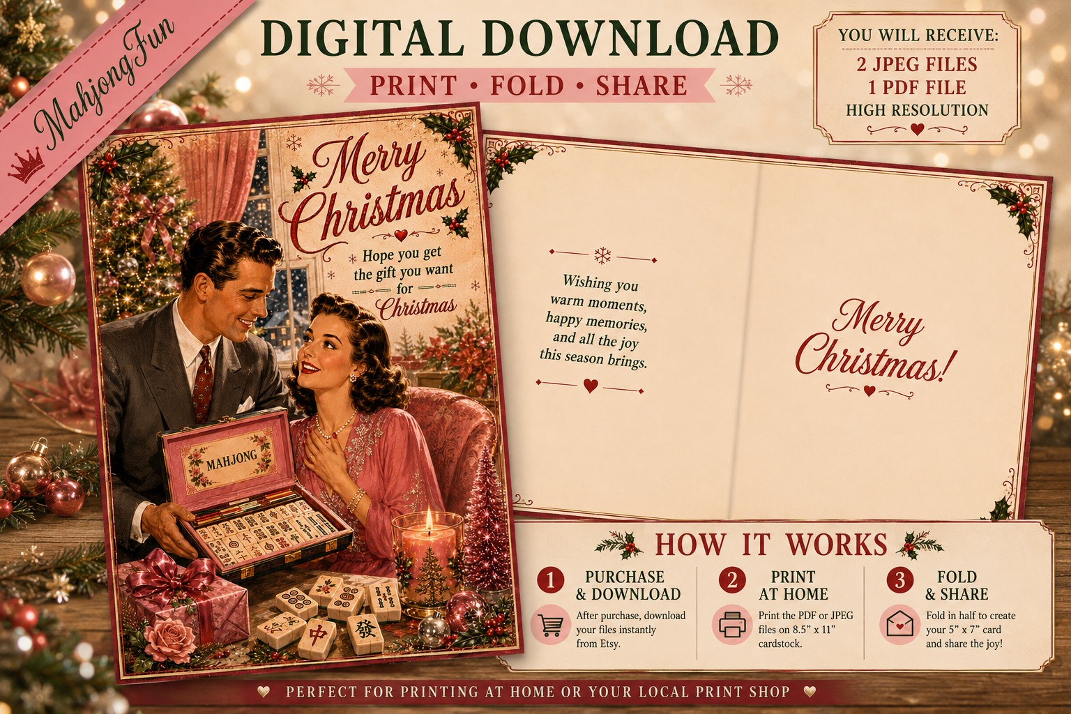 A Christmas-themed printable folding card design shown as a digital download mockup. The left panel features a vintage-style illustration of a couple in a holiday setting with presents and a Christmas tree.