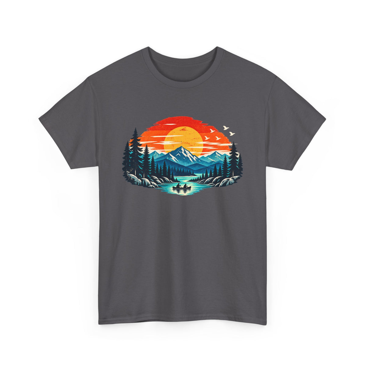 A dark gray crewneck t-shirt featuring a colorful retro-style graphic print of a mountain landscape at sunset with pine trees, a lake, and a canoe.