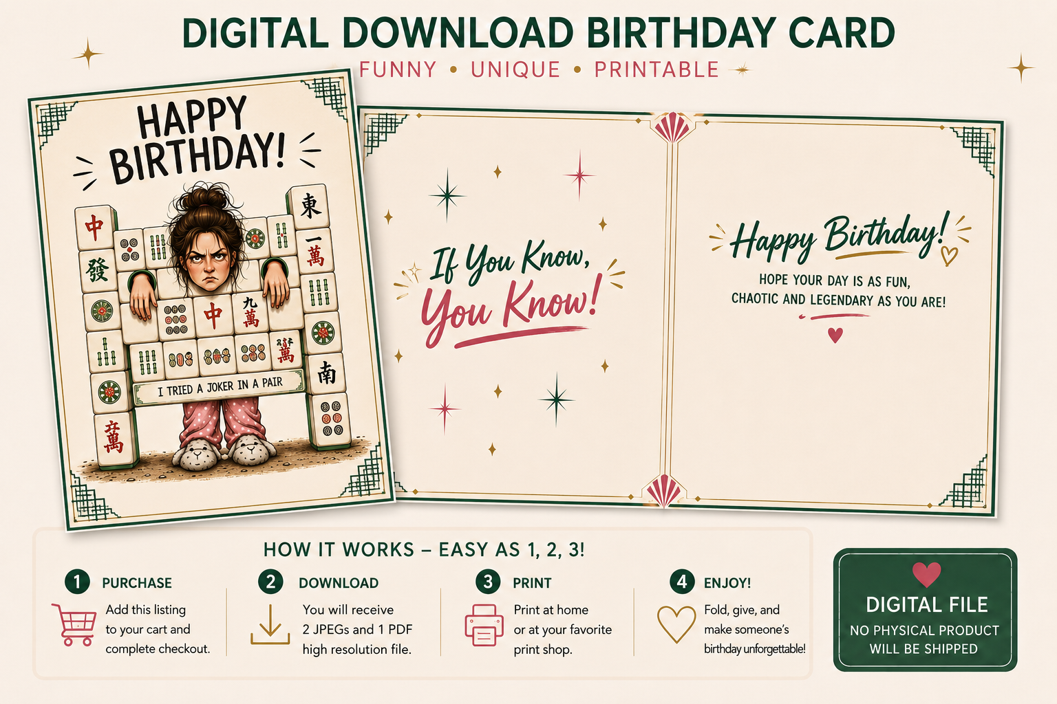 A promotional graphic for a digital download printable birthday card set. It shows three sample card designs on a cream background with decorative stars and text reading 'DIGITAL DOWNLOAD BIRTHDAY CARD' and 'FUNNY • UNIQUE • PRINTABLE.