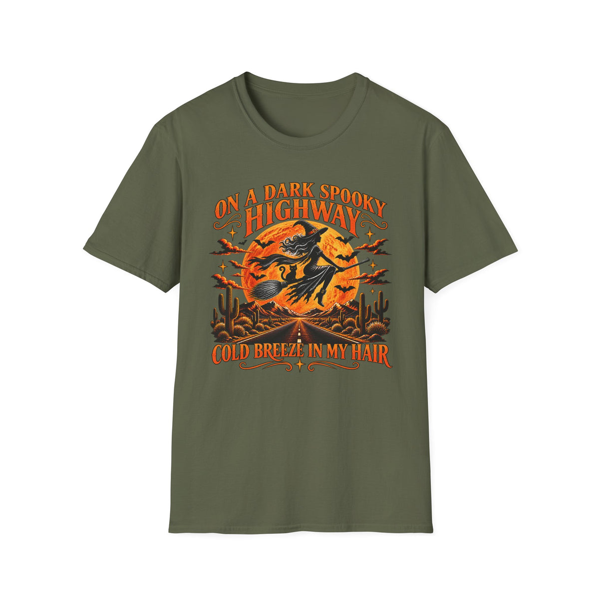A Halloween themed witch design on a green T-shirt
