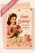 A retro-style birthday greeting card with a pink envelope, featuring a vintage illustration of a surprised woman holding flowers at a mahjong table. The card reads 'Happy Birthday! she passed me flowers' and includes a pink mug that says 'Mahjong makes her bloom.