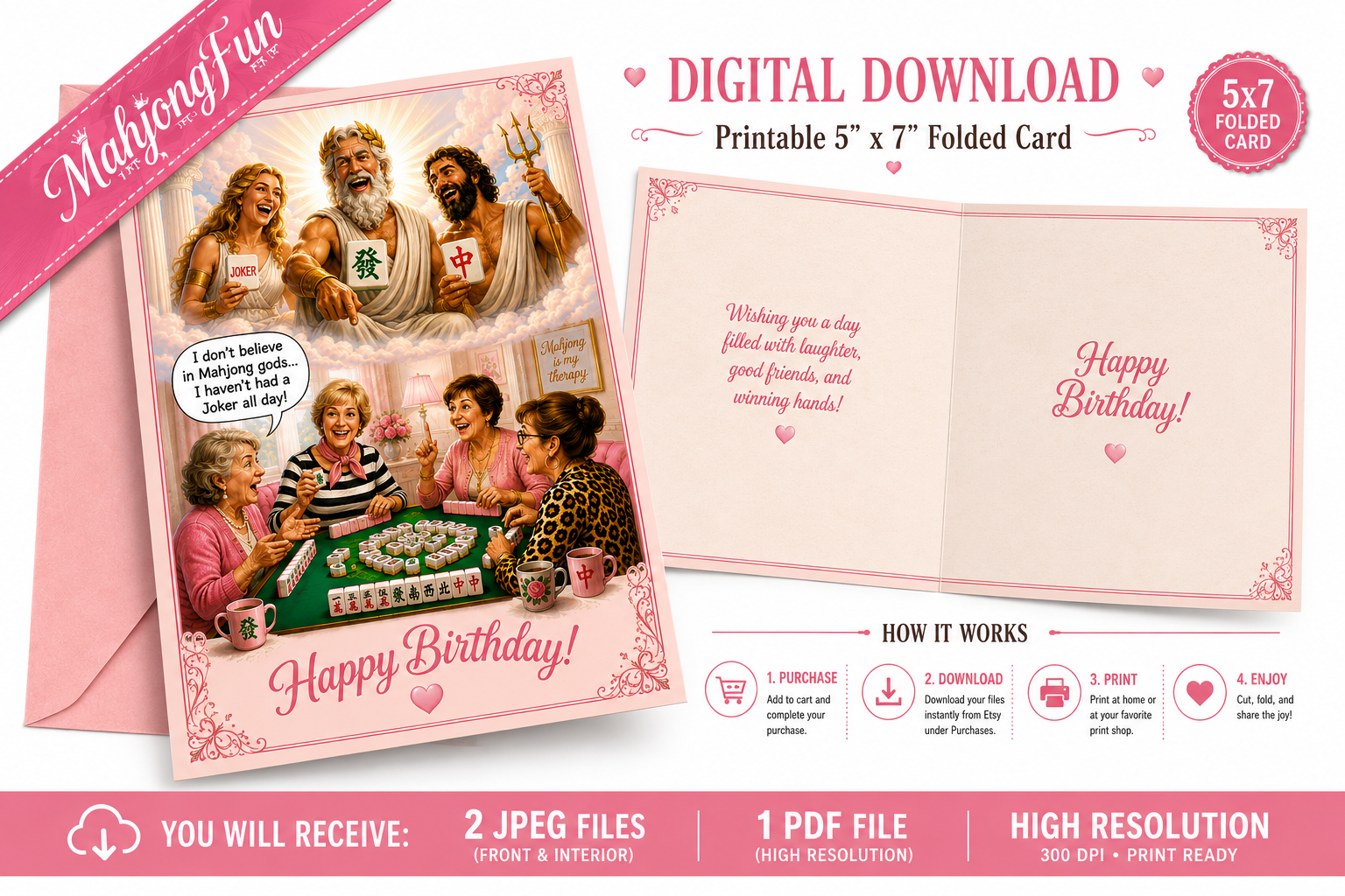 Digital download printable folded card template shown with an envelope and an open interior preview. The design features a retro religious illustration with people playing cards and pink decorative text reading 'Happy Birthday!' and 'Digital Download Printable 5 x 7 Folded Card.