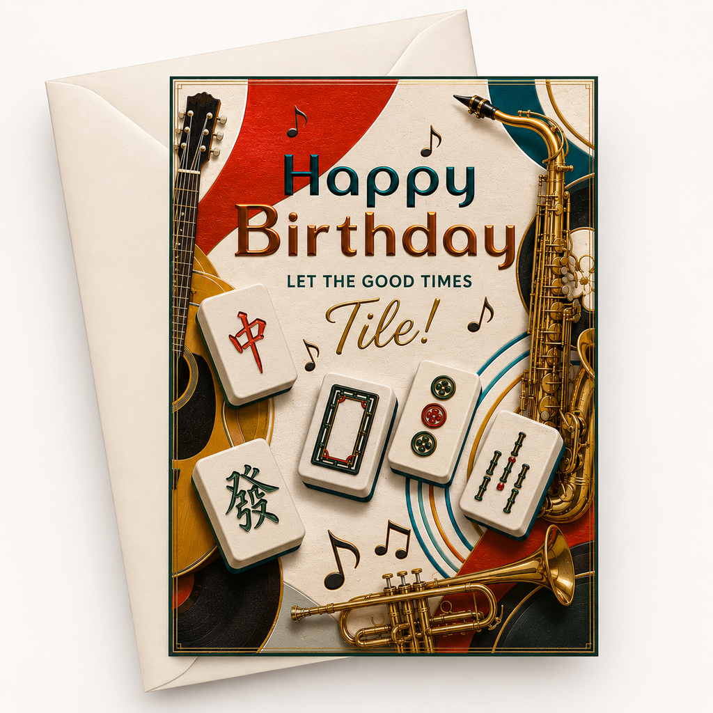 Good Times Birthday card with musical instruments and Mahjong tiles on a colorful background.
