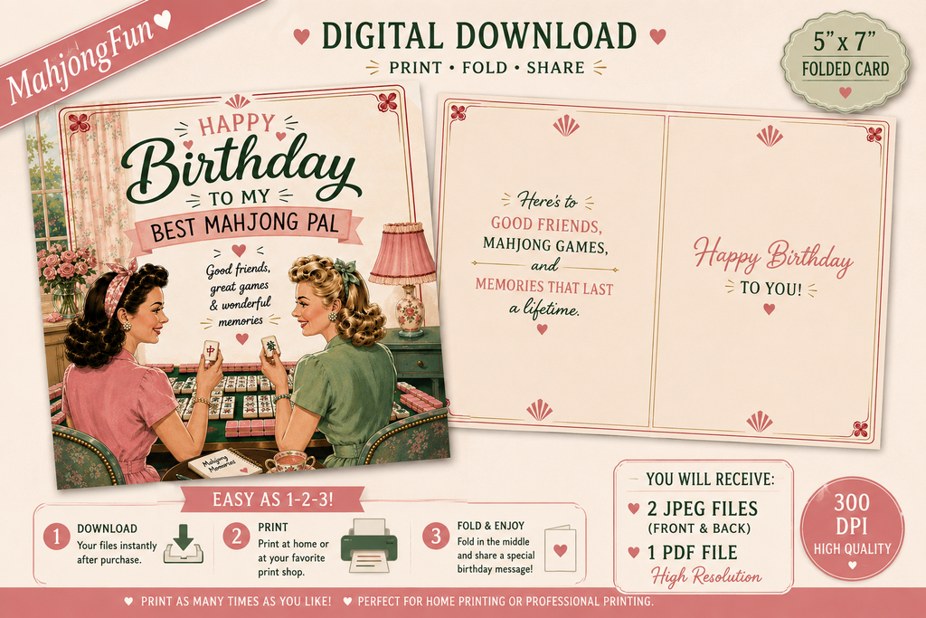 A digital download product preview for a 5x7 folded mahjong card set, showing the front and back designs with retro 1940s-style illustrations and text. The image includes promotional text such as 'Digital Download', 'Print & Fold & Share', and '300 DPI High Resolution' on a light beige background.