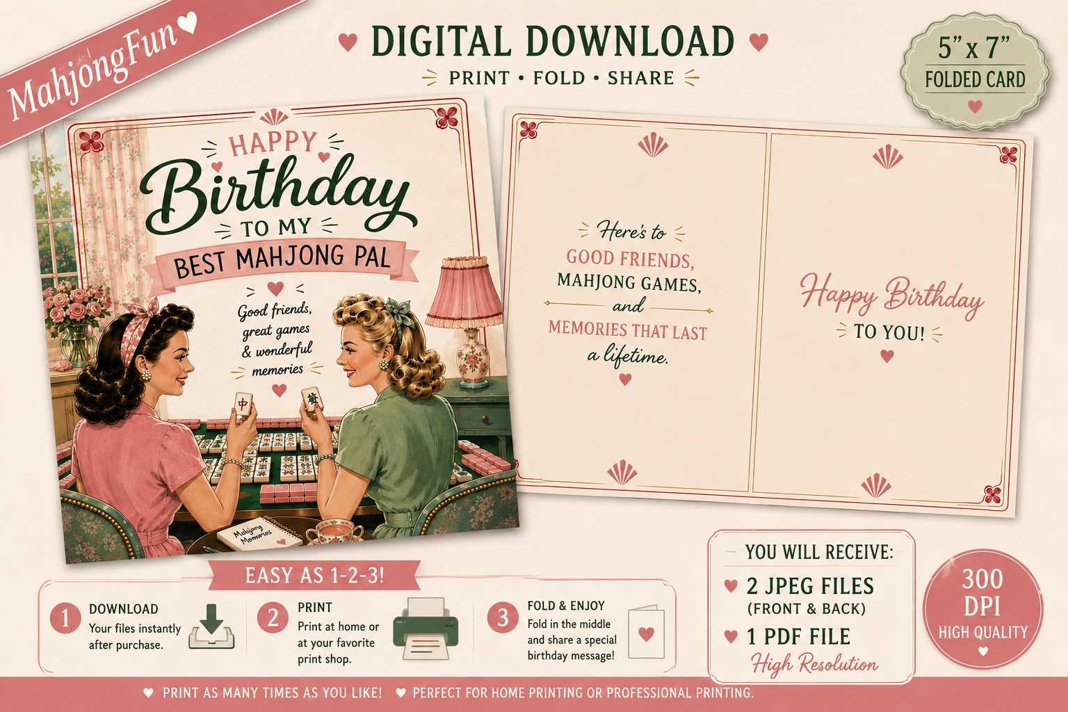 A digital download product preview for a 5x7 folded mahjong card set, showing the front and back designs with retro 1940s-style illustrations and text. The image includes promotional text such as 'Digital Download', 'Print & Fold & Share', and '300 DPI High Resolution' on a light beige background.
