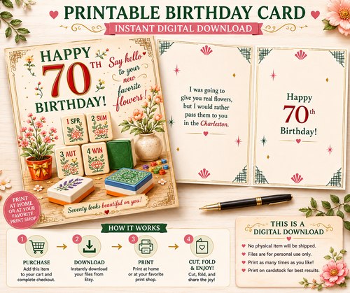 70th Mahjong Birthday Card Digital Download| Mahjong Flower Tiles