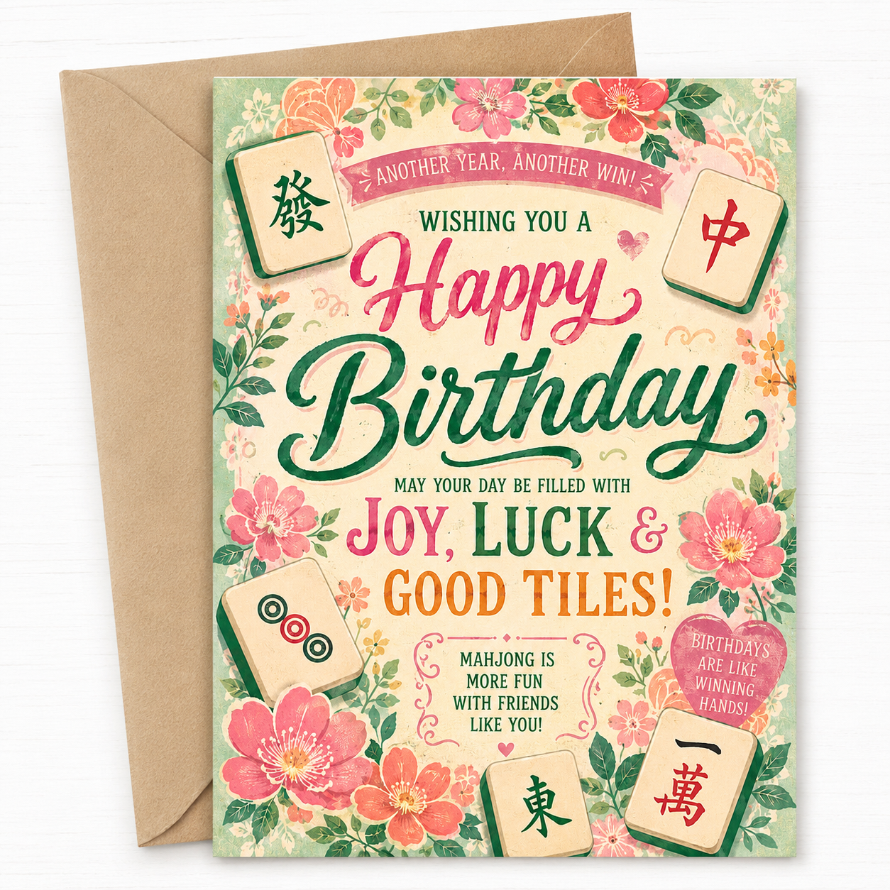 Mahjong Birthday Card, Digital Download, Floral Lucky Tiles, Printable Greeting Card, Mahjong Player Gift