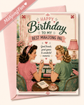 A retro-style birthday card with a pink envelope, featuring vintage artwork of two women playing mahjong. The card reads, 'Happy Birthday to My Best Mahjong Pal' with additional celebratory text.