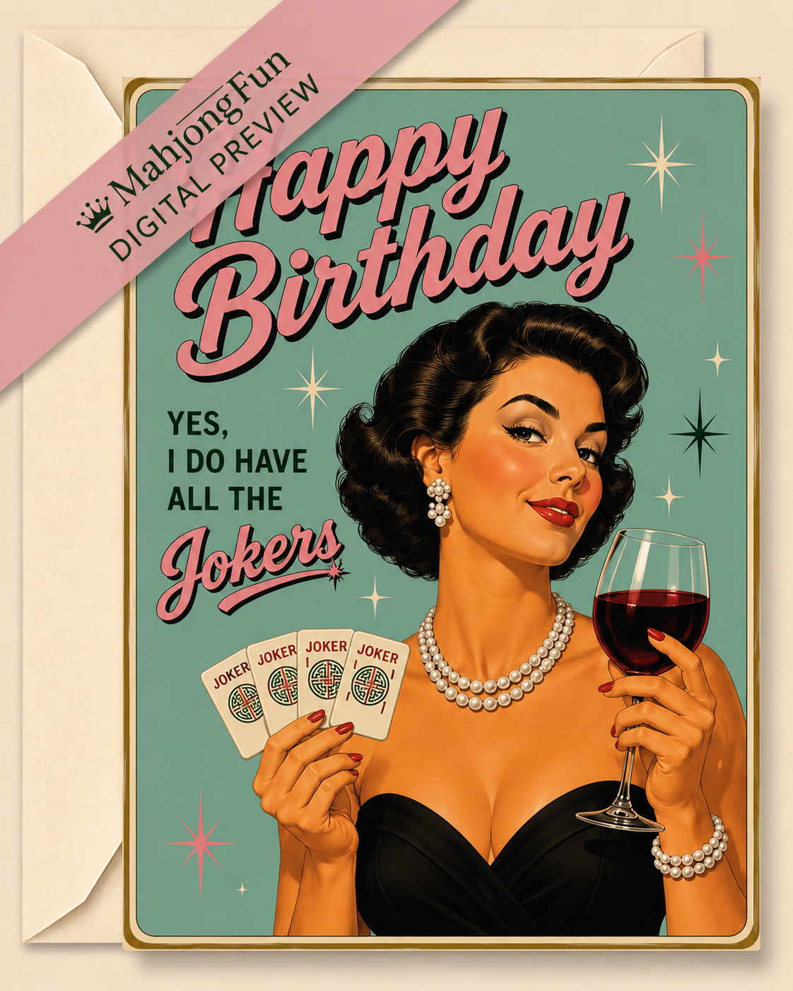 Mahjong Queen Birthday Card Printable |Mahjong Retro Joker Queen | Retro 1950s Pin-Up Birthday Card | Instant Digital Download (Copy) (Copy)