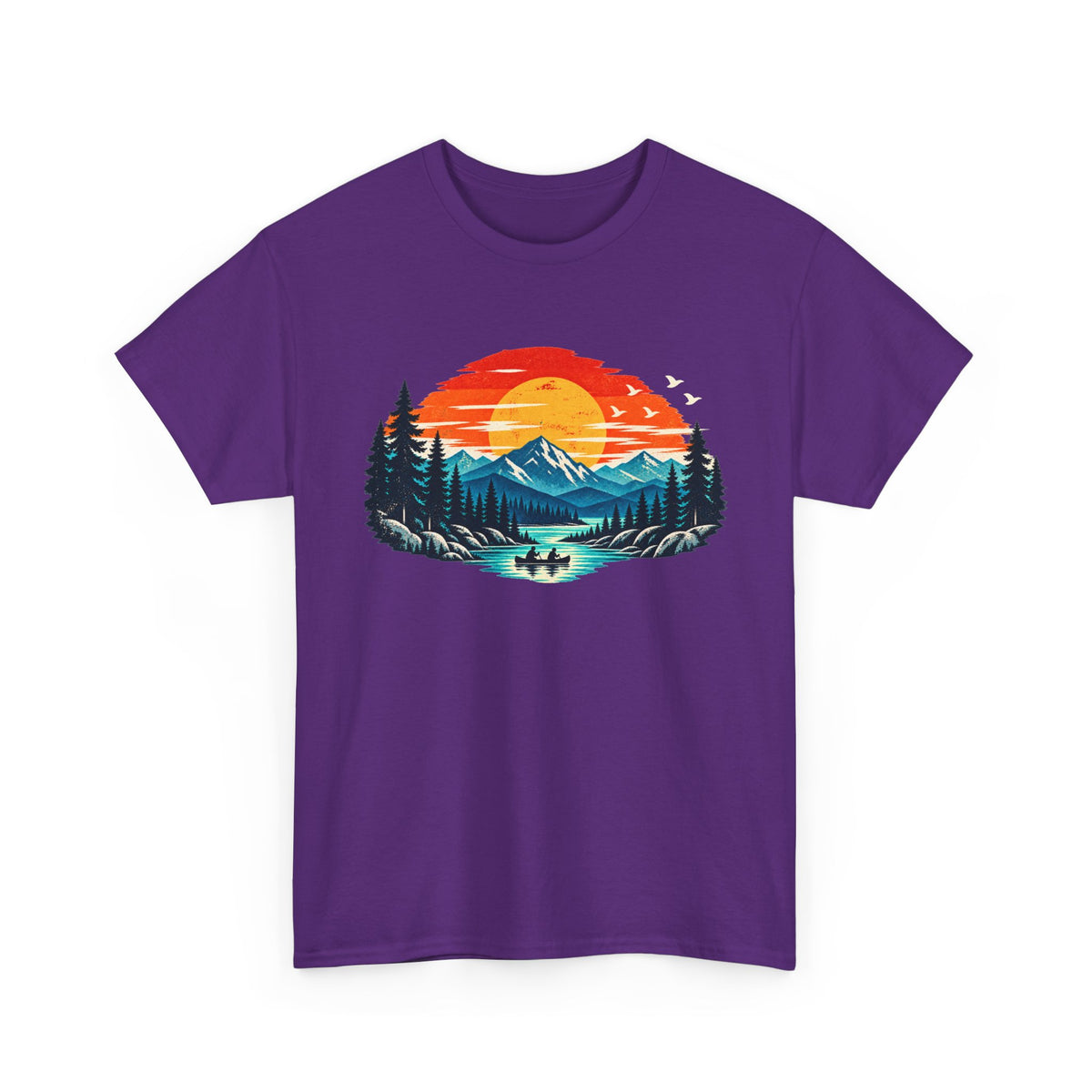 This classic purple cotton T-shirt features a vivid sunset landscape with snowcapped peaks, towering evergreens, reflective blue water, and two paddlers enjoying the stillness of the lake.