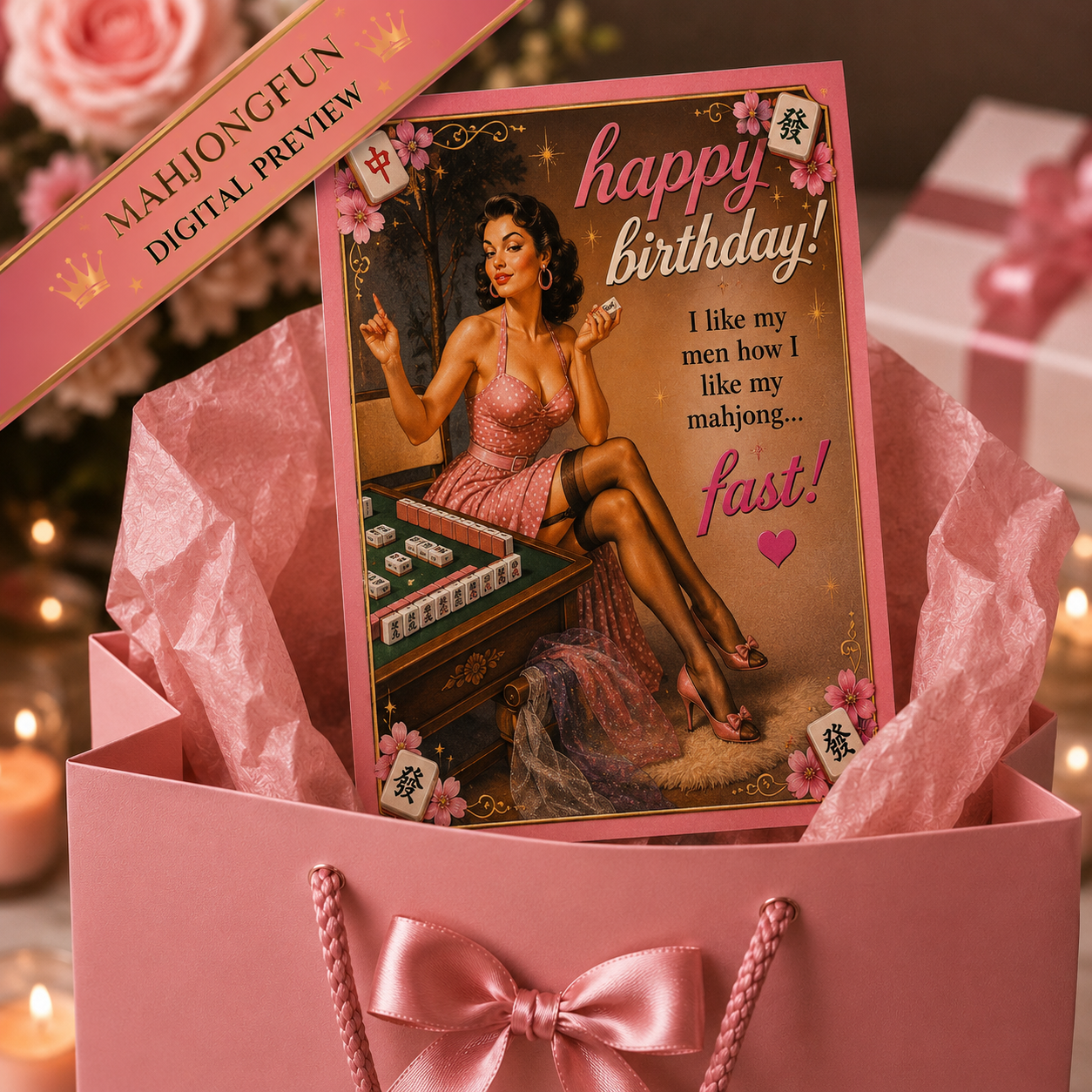 Mahjong Birthday Card Funny Printable | Retro Forties Mahjong Queen |  Pin-Up Birthday Card | Instant Digital Download