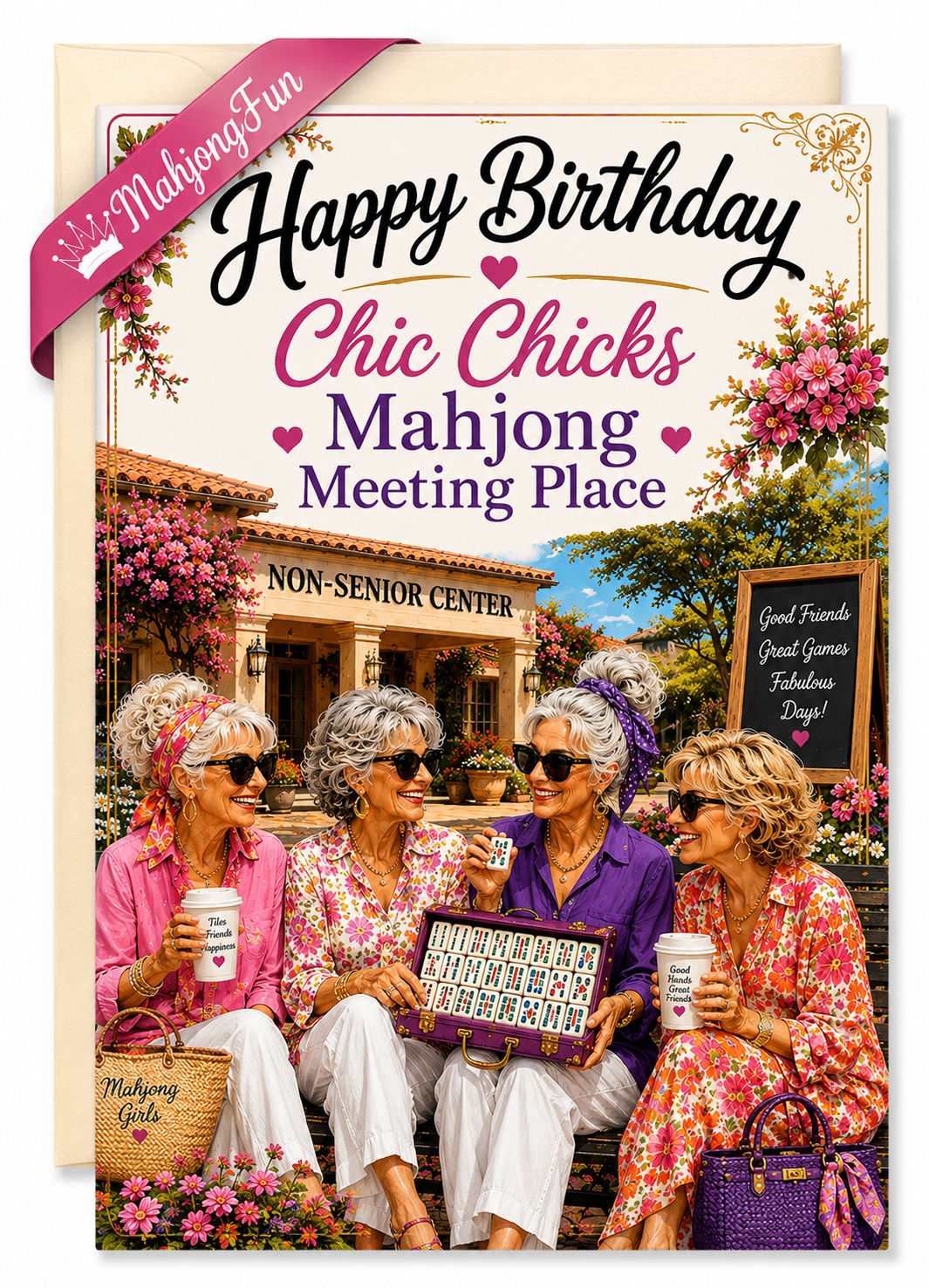 A greeting card with the text 'Happy Birthday Chic Chicks Mahjong Meeting Place' and a printed scene of four women sitting together in a garden-like setting, holding drinks and a mahjong tile box. A pink ribbon says 'MahjongFun' and a beige card backing is visible behind the main printed card.