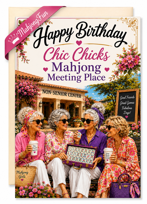 A greeting card with the text 'Happy Birthday Chic Chicks Mahjong Meeting Place' and a printed scene of four women sitting together in a garden-like setting, holding drinks and a mahjong tile box. A pink ribbon says 'MahjongFun' and a beige card backing is visible behind the main printed card.
