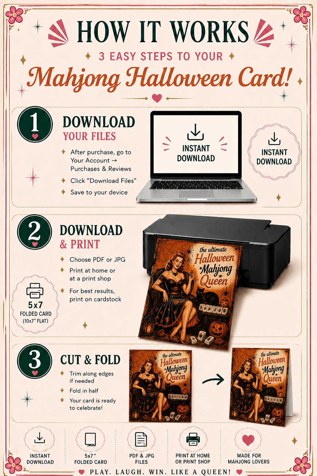 This glamorous retro-inspired Halloween Mahjong card features the Ultimate Halloween Mahjong Queen surrounded by spooky-season favorites: a black cat, pumpkins, spiderwebs, candlelight and, of course, Mahjong tiles.