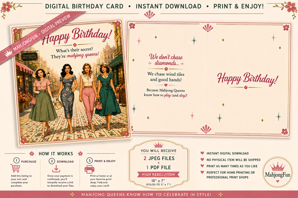 Mahjong Queen Birthday Card Printable |Glamorous Ladies Mahjong | Retro 1950s Pin-Up Birthday Card | Instant Digital Download (Copy)