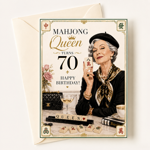 Mahjong themed Birthday card with a woman holding a mahjong tile, sitting at a table playing mahjong celebrating her 70th birthday.