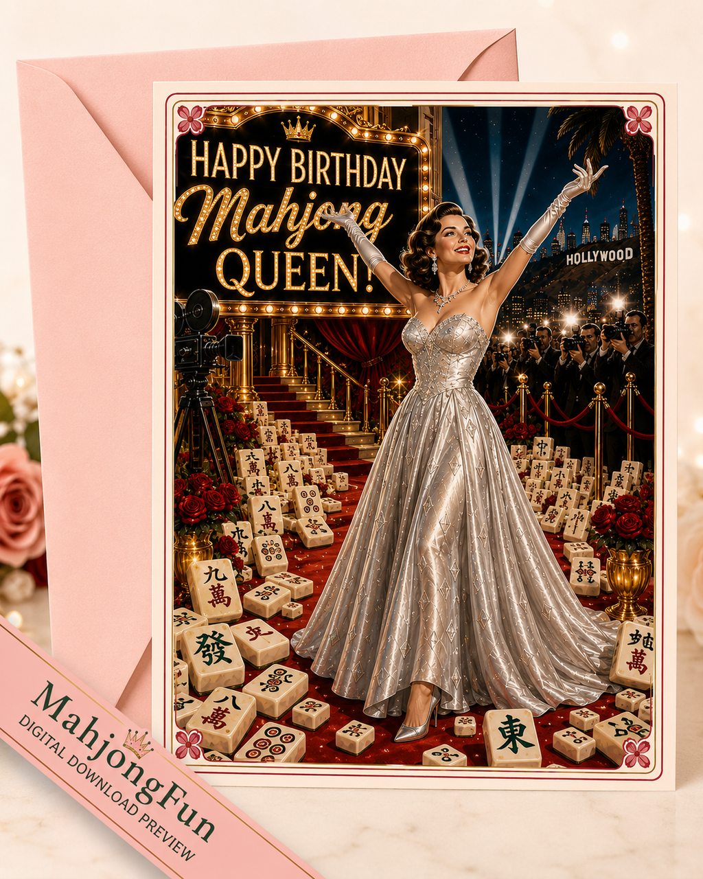 A square birthday card featuring a retro-style illustration of a woman in a silver gown standing on a red carpet surrounded by mahjong tiles, with the text 'HAPPY BIRTHDAY Mahjong QUEEN' and 'HOLLYWOOD.' A pink envelope is behind the card, and a pink ribbon at the lower left reads 'MahjongFun DIGITAL DOWNLOAD PREVIEW.