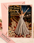 A square birthday card featuring a retro-style illustration of a woman in a silver gown standing on a red carpet surrounded by mahjong tiles, with the text 'HAPPY BIRTHDAY Mahjong QUEEN' and 'HOLLYWOOD.' A pink envelope is behind the card, and a pink ribbon at the lower left reads 'MahjongFun DIGITAL DOWNLOAD PREVIEW.