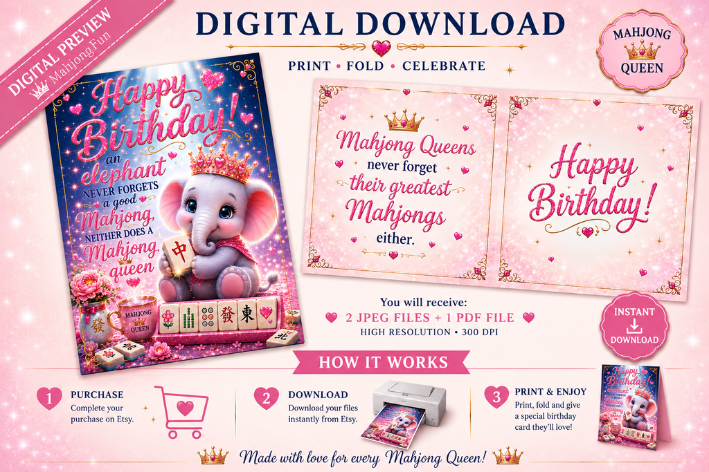 Mahjong Elephant Birthday Card Printable |Mahjong Birthday Card | Instant Digital Download (Copy) (Copy)