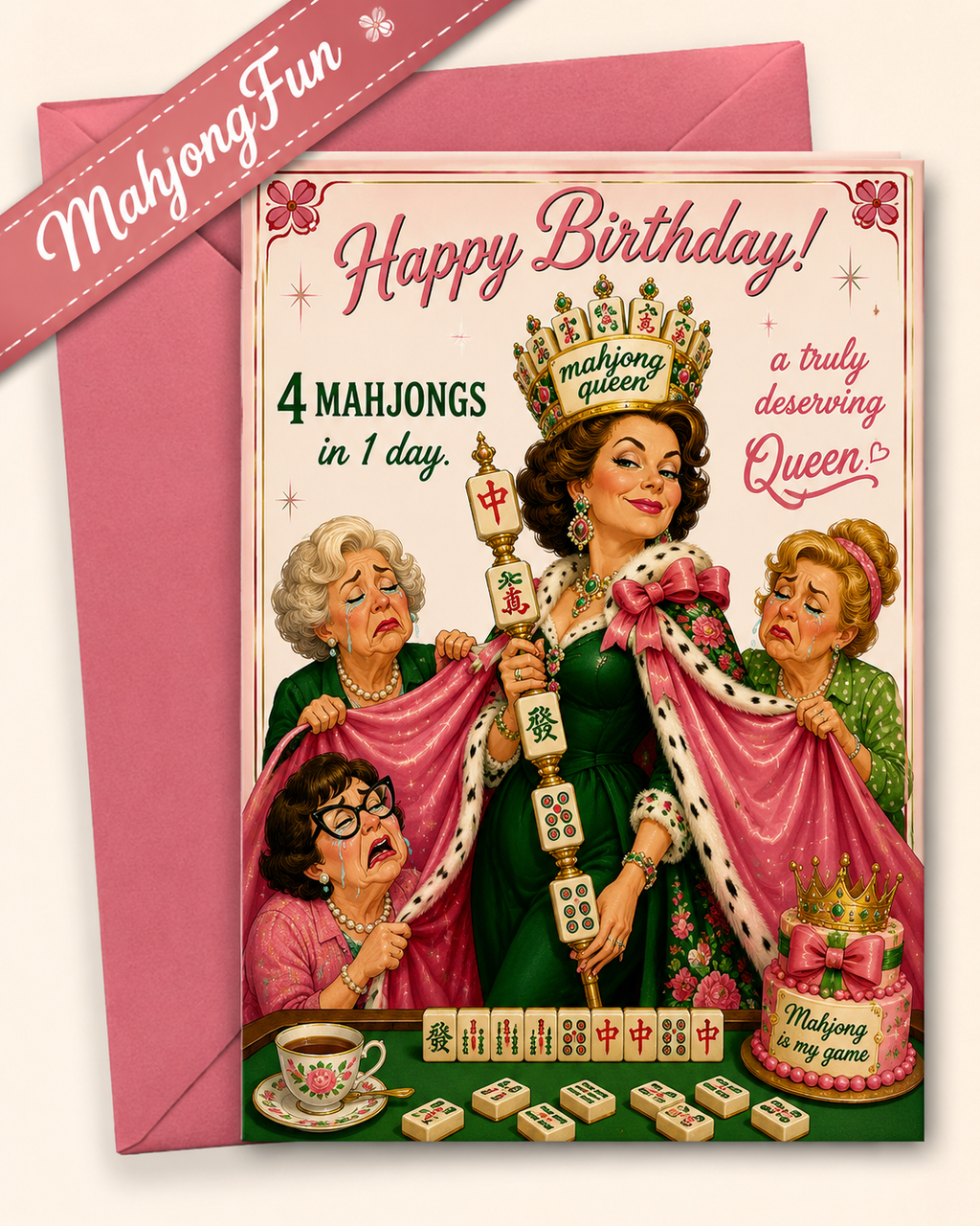 A retro-style birthday card with a pink envelope, featuring an illustrated queen holding a mahjong staff and surrounded by three older women, with text reading 'Happy Birthday! 4 Mahjongs in 1 day.' A diagonal ribbon in the corner reads 'MahjongFun.