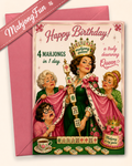 A retro-style birthday card with a pink envelope, featuring an illustrated queen holding a mahjong staff and surrounded by three older women, with text reading 'Happy Birthday! 4 Mahjongs in 1 day.' A diagonal ribbon in the corner reads 'MahjongFun.