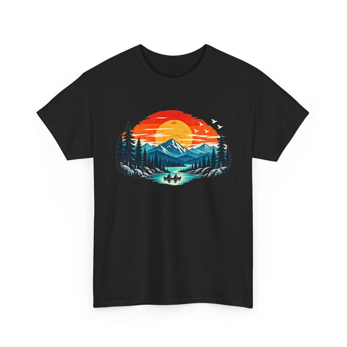 This classic gray cotton T-shirt features a vivid sunset landscape with snowcapped peaks, towering evergreens, reflective blue water, and two paddlers enjoying the stillness of the lake.