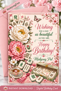 A digital birthday card design featuring pink and white peony flowers, mahjong tiles, butterflies, and a teacup, with the message 'Wishing you a day as beautiful as you are. Happy Birthday! Mahjong, Pal'.