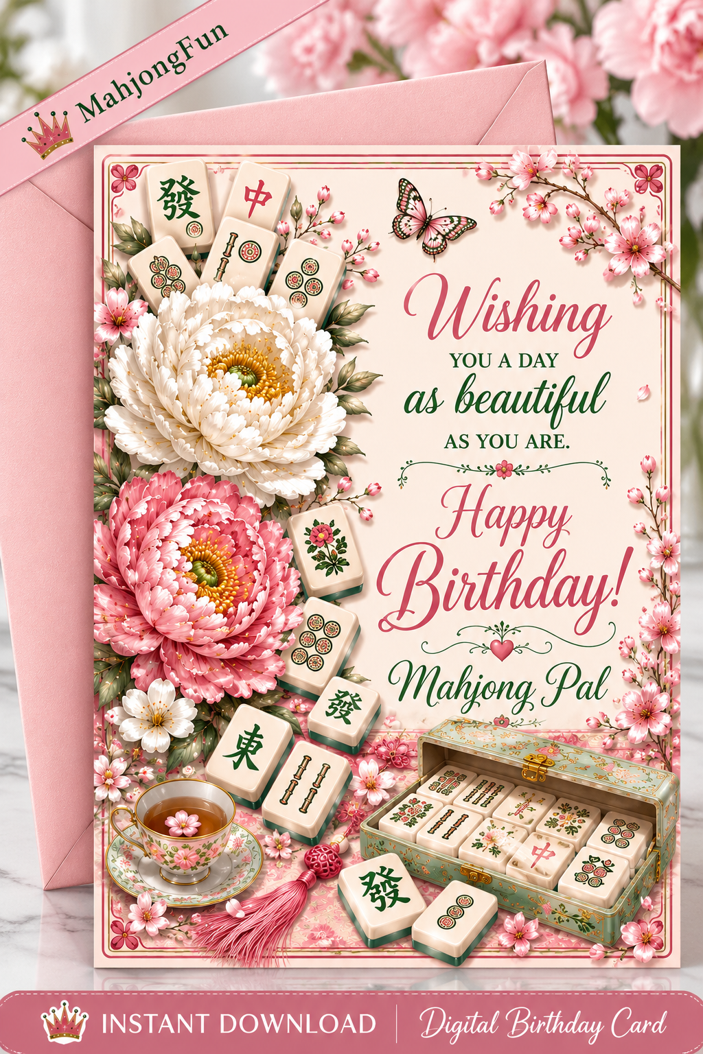 A digital birthday card design featuring pink and white peony flowers, mahjong tiles, butterflies, and a teacup, with the message 'Wishing you a day as beautiful as you are. Happy Birthday! Mahjong, Pal'.