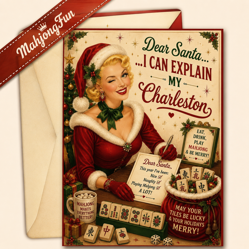This exclusive MahjongFun design combines classic vintage Christmas artwork with authentic Mahjong humor, making it the perfect holiday greeting for anyone who loves the game. Whether you’re celebrating with your Mahjong group or sending holiday cheer to your favorite playing partner, this printable card is guaranteed to bring smiles around the table.