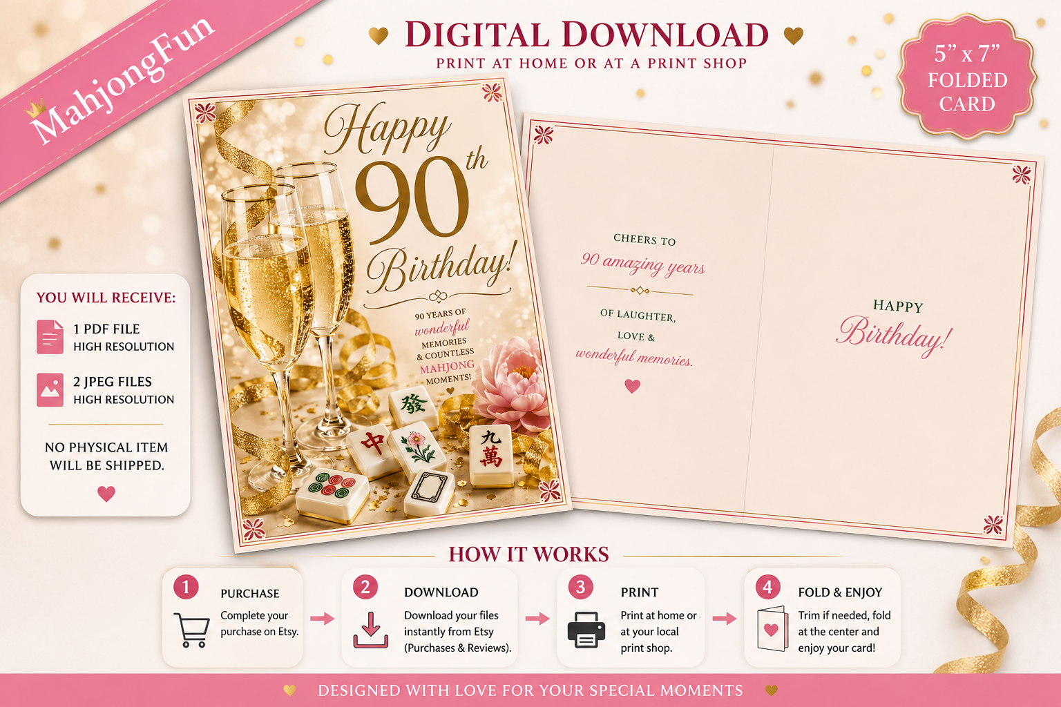 A digital preview of a 5x7 folded mahjong themed birthday card template with champagne glasses, balloons, and pink floral accents. The image shows both the front and open interior layout, with text reading 'Happy 90th Birthday!' and 'Happy Birthday!'.