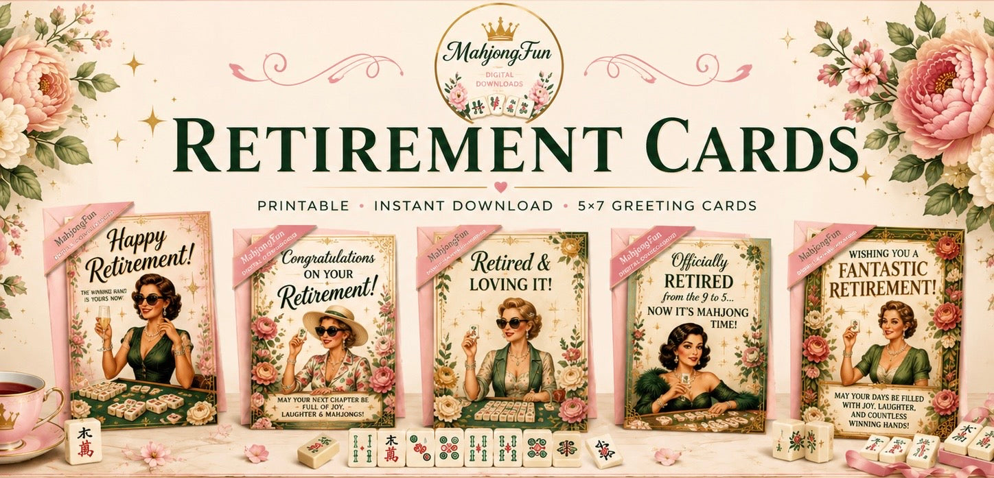 A promotional banner for a digital printable retirement card set by MakingFun. The banner features five illustrated greeting card designs with vintage women, pink roses, and decorative text, plus small cards and dice displayed at the bottom on a styled surface.