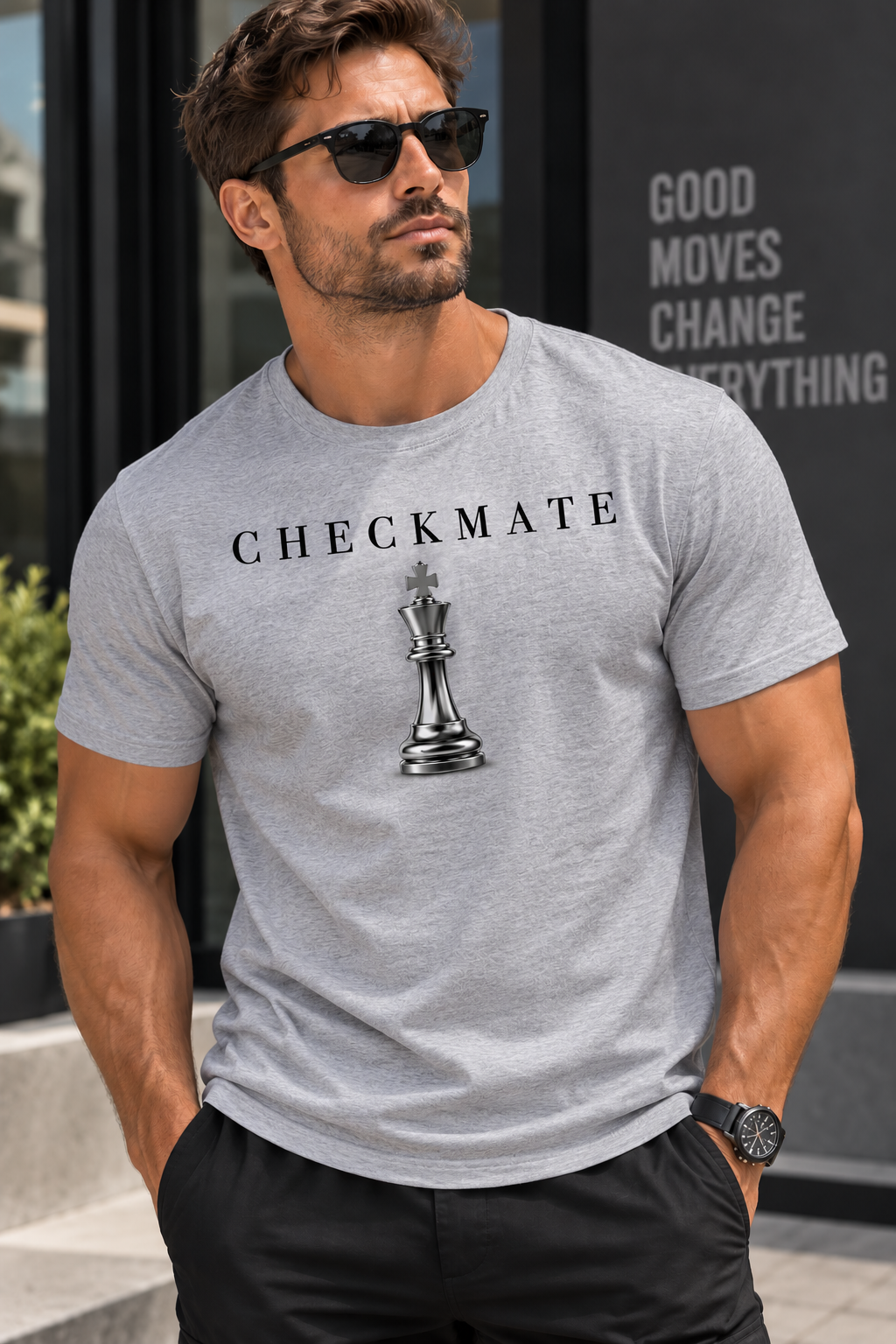 A man wearing a gray crew-neck t-shirt with a black 'CHECKMATE' chess piece graphic on the front, paired with black pants and sunglasses, standing outdoors in front of a modern building.