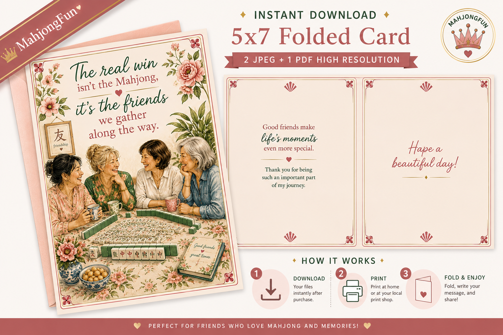 A promotional graphic for a 5x7 folded card instant download, showing the front and back of the card design, plus text describing two JPEG files and one PDF high resolution. The card artwork features a vintage-style illustration of friends playing mahjong with floral borders and pink accents.