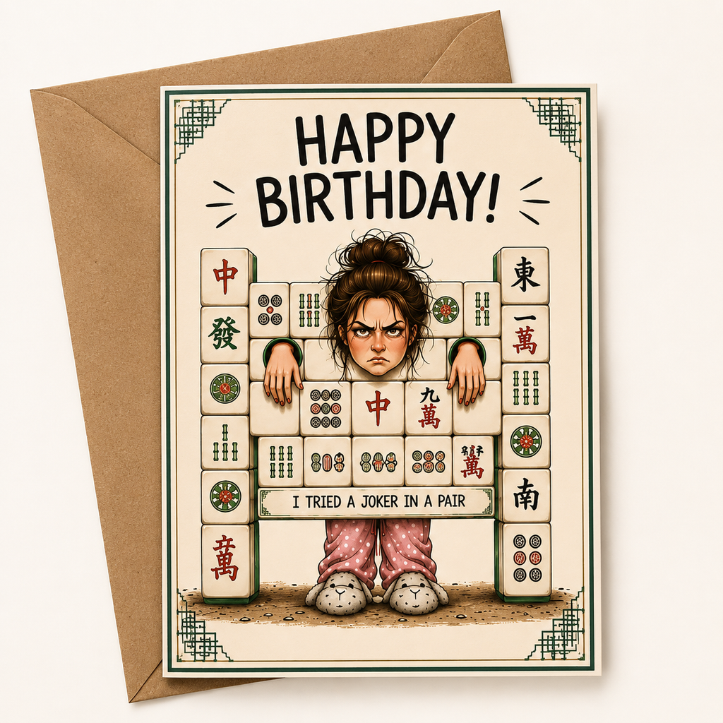 Birthday card with a person behind a stack of mahjong tiles in a stockade, mahjong joker, envelope on the side