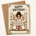 Birthday card with a person behind a stack of mahjong tiles in a stockade, mahjong joker, envelope on the side