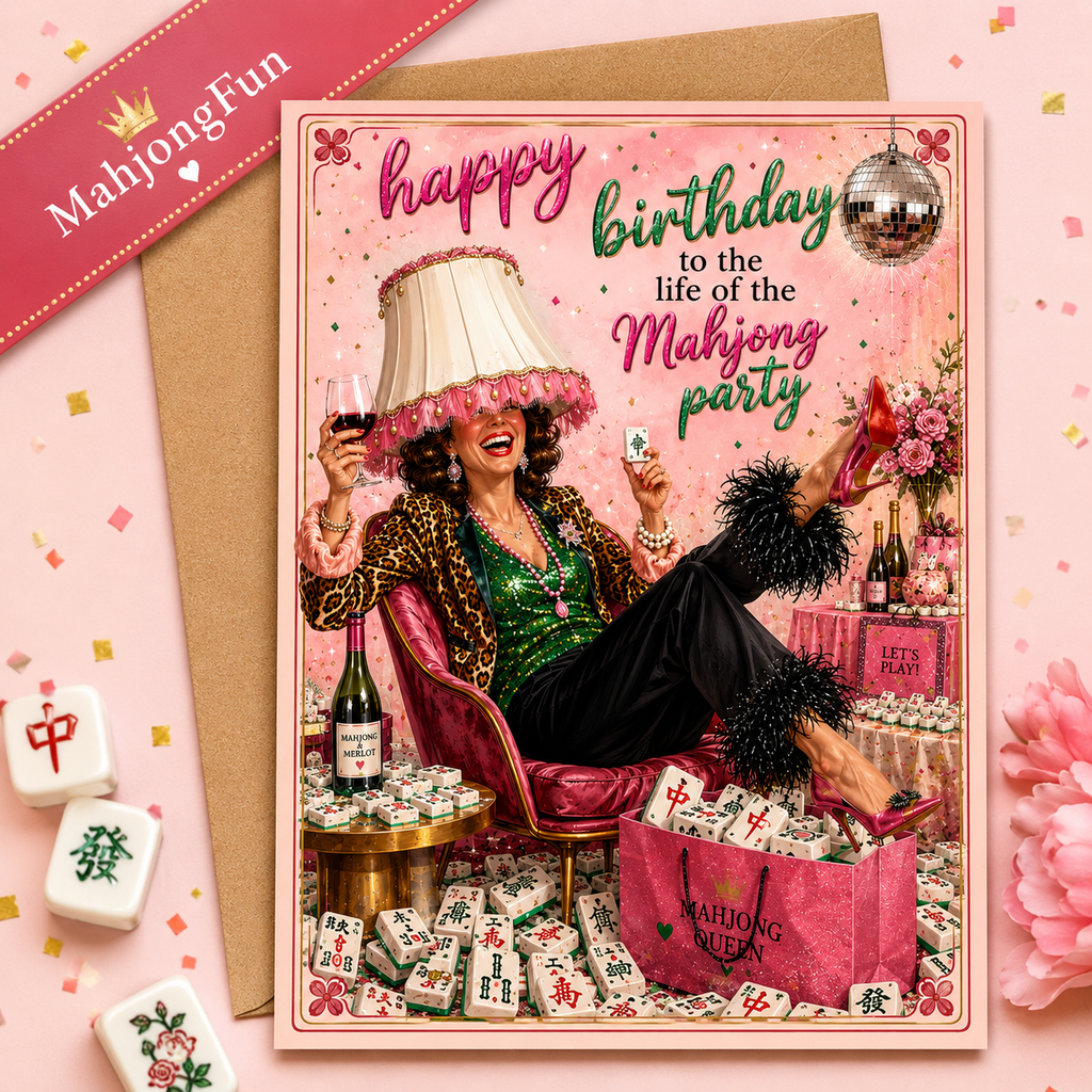 A birthday greeting card featuring a retro-style illustration of a woman lounging in a pink armchair surrounded by mahjong tiles, a lampshade, and party decorations, with the text 'happy birthday to the Mahjong party.' The card is shown with a kraft envelope on a pink background with decorative mahjong tiles and flowers.