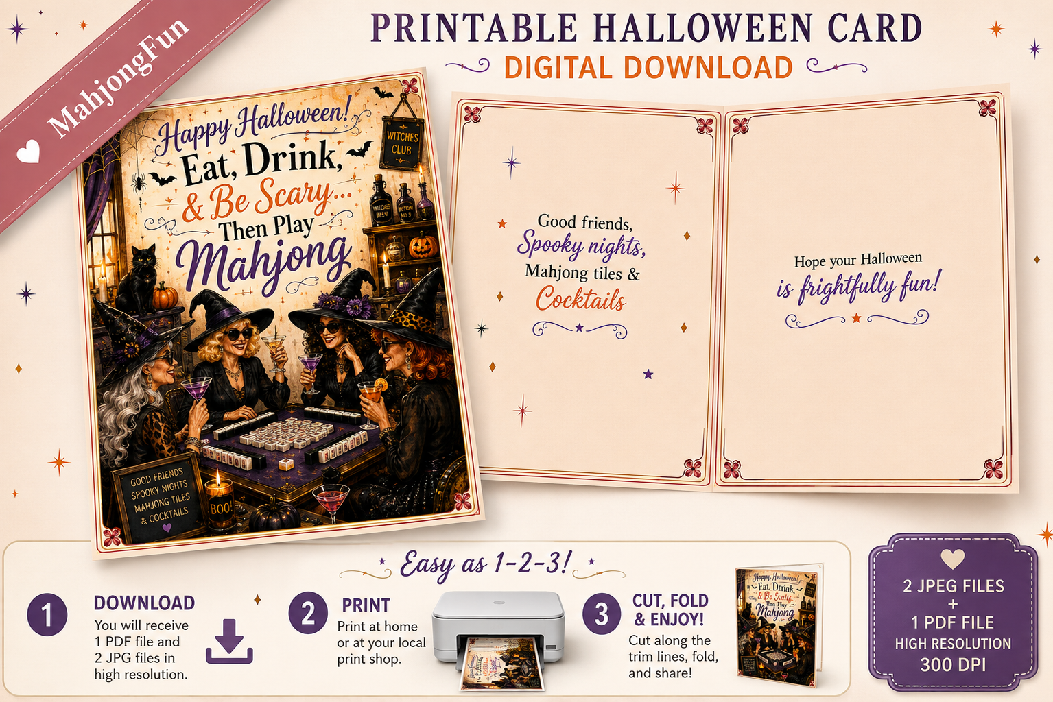Celebrate Halloween with your favorite Mahjong friends with this fun printable Mahjong Halloween card featuring four stylish witches enjoying cocktails and a game of Mahjong.

Perfect for your Mahjong group, Mahj bestie, hostess, or anyone who believes Halloween is better with good friends, spooky nights, Mahjong tiles and cocktails.