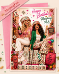 A colorful birthday card design featuring two women laughing while playing mahjong, surrounded by mahjong tiles, flowers, balloons, and the text 'Happy Birthday Mahjong Pal!'. A pink envelope is visible behind the card, with a pink diagonal banner reading 'ManjongFun Digital Download Review'.
