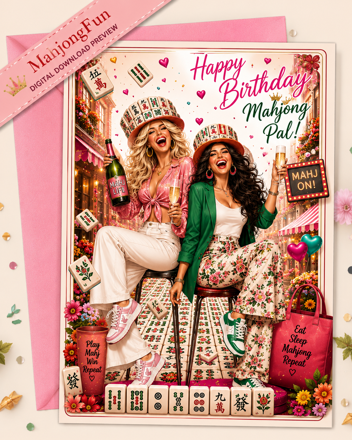 A colorful birthday card design featuring two women laughing while playing mahjong, surrounded by mahjong tiles, flowers, balloons, and the text 'Happy Birthday Mahjong Pal!'. A pink envelope is visible behind the card, with a pink diagonal banner reading 'ManjongFun Digital Download Review'.