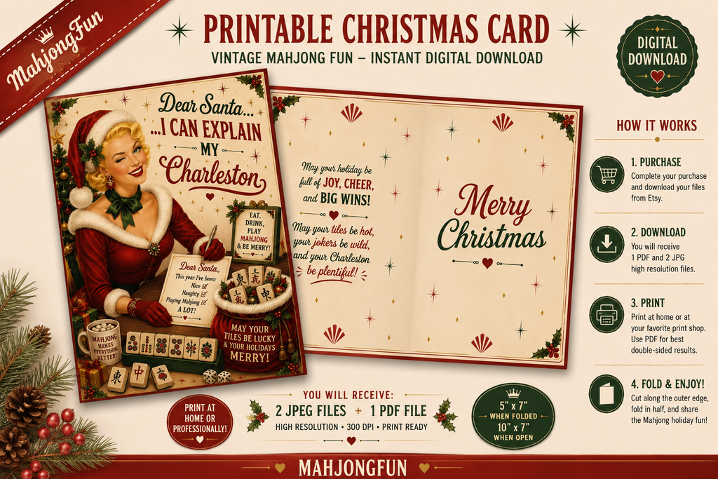This exclusive MahjongFun design combines classic vintage Christmas artwork with authentic Mahjong humor, making it the perfect holiday greeting for anyone who loves the game. Whether you’re celebrating with your Mahjong group or sending holiday cheer to your favorite playing partner, this printable card is guaranteed to bring smiles around the table.