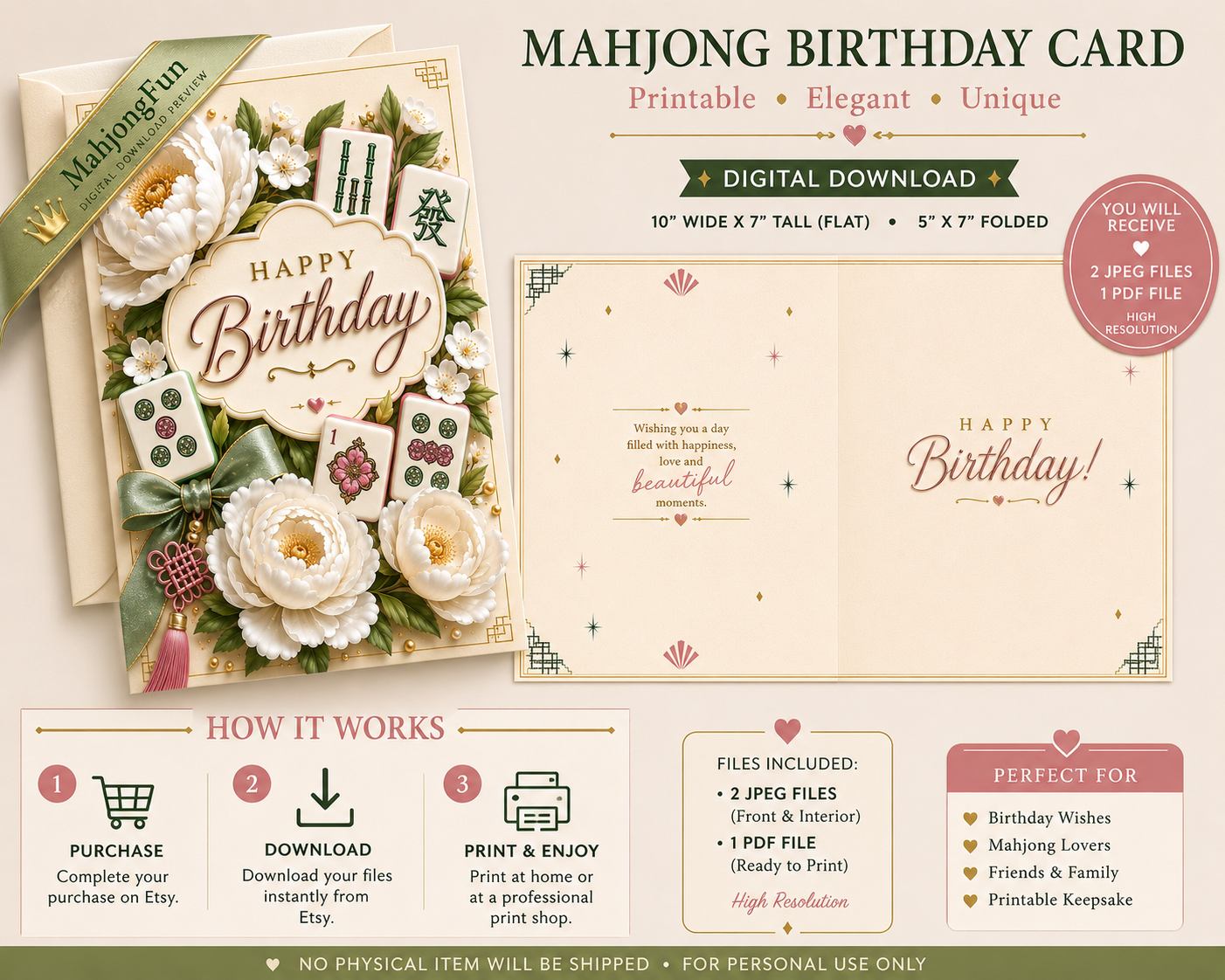 Elegant Mahjong Birthday Card Printable | 5x7 Digital Birthday Card | White Floral 3D Mahjong Greeting Card | Instant Download | Printable Card PDF & JPG